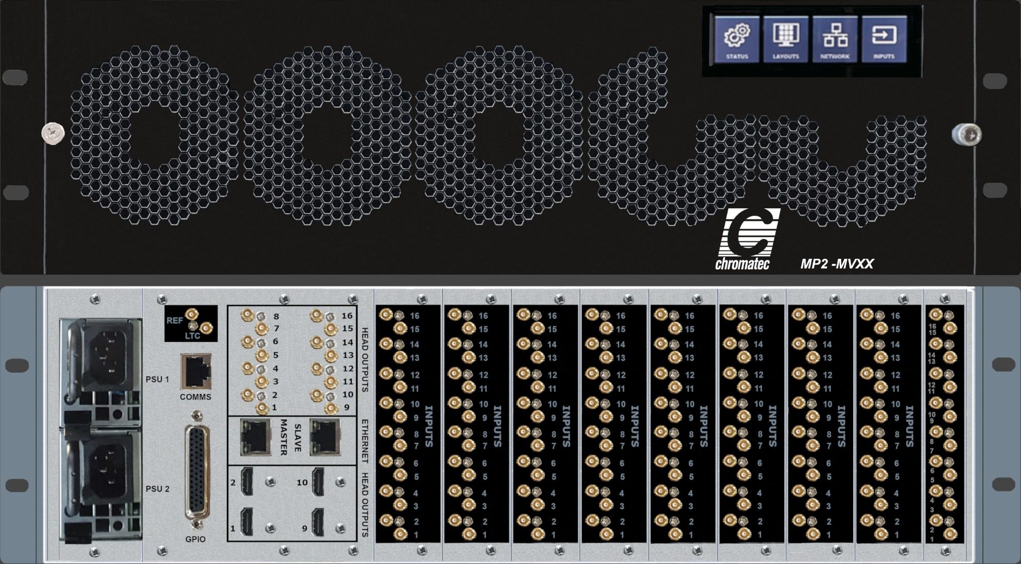 Chromatec MP2-MVxx Multiviewer The image shows the front and rear views of a MP2-MVxx multiviewer with 144 inputs and 16 outputs